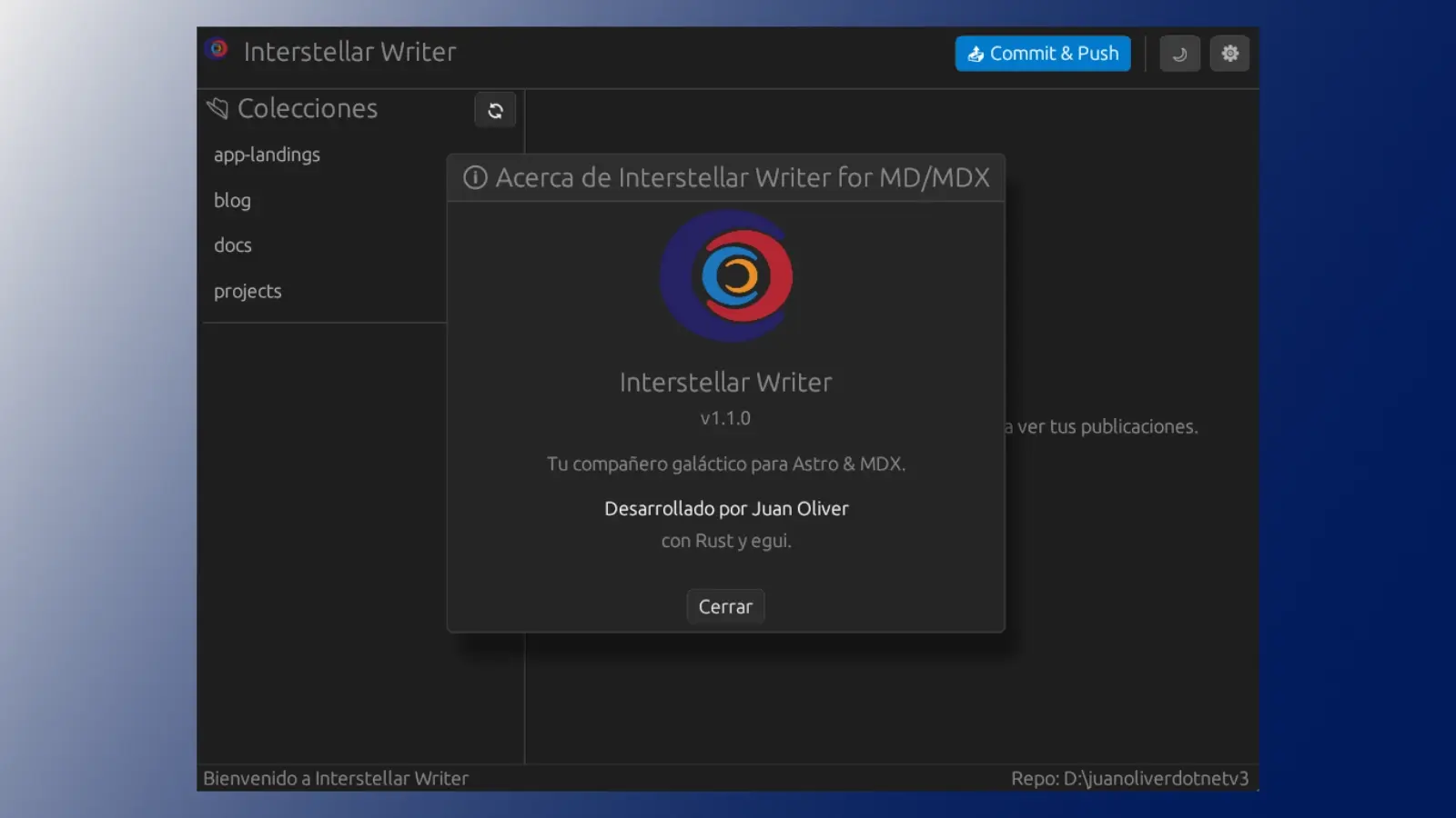 Interstellar Writer v1.1.0 iniciando la fase 1 del sistema de diseño